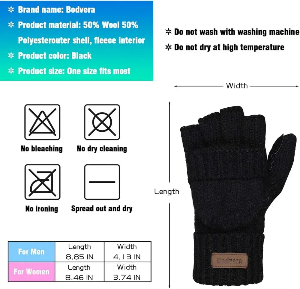 Bodvera Thermal Insulation Fingerless Texting Wool Gloves for Women and Men Winter Warm Knitted Convertible Mittens Flap
