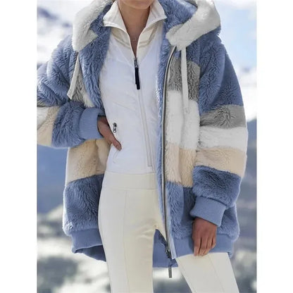 Women's Fashion Patchwork Hooded Zipper Plush Jacket
