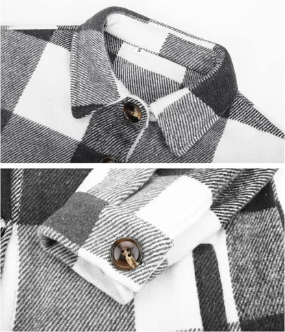 Womens Casual Plaid Shackets Brushed Flannel Button Down Shirt Jacket Coats with Side Pockets