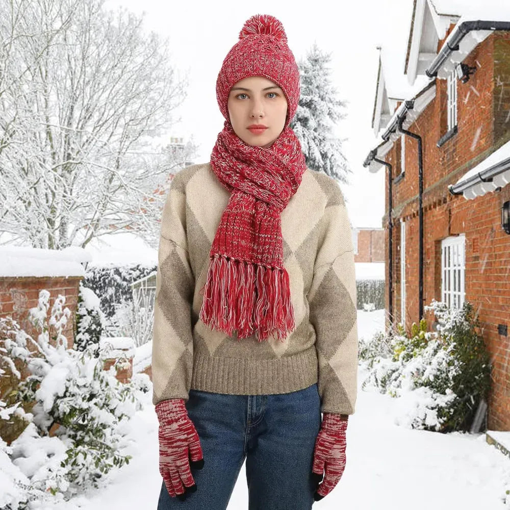 Honnesserry Winter Warm Beanie Hat Scarf and Touchscreen Gloves Set for Womens Skull Caps Neck Scarves with Fleece Lined