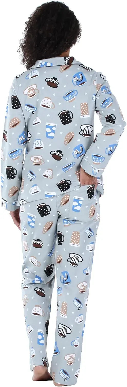 Women's Cotton Flannel Long Sleeve Button-Down Pajamas PJ Set