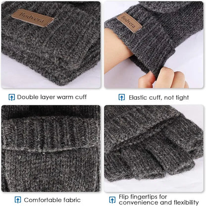 Bodvera Thermal Insulation Fingerless Texting Wool Gloves for Women and Men Winter Warm Knitted Convertible Mittens Flap