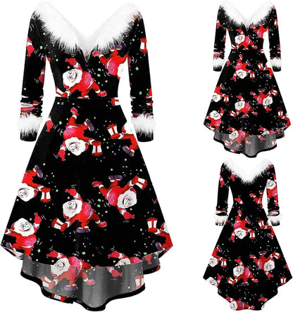 Womens Christmas Dress Fuzzy Mrs Claus Christmas Holiday Xmas Cocktail Holiday Party Flare Dress