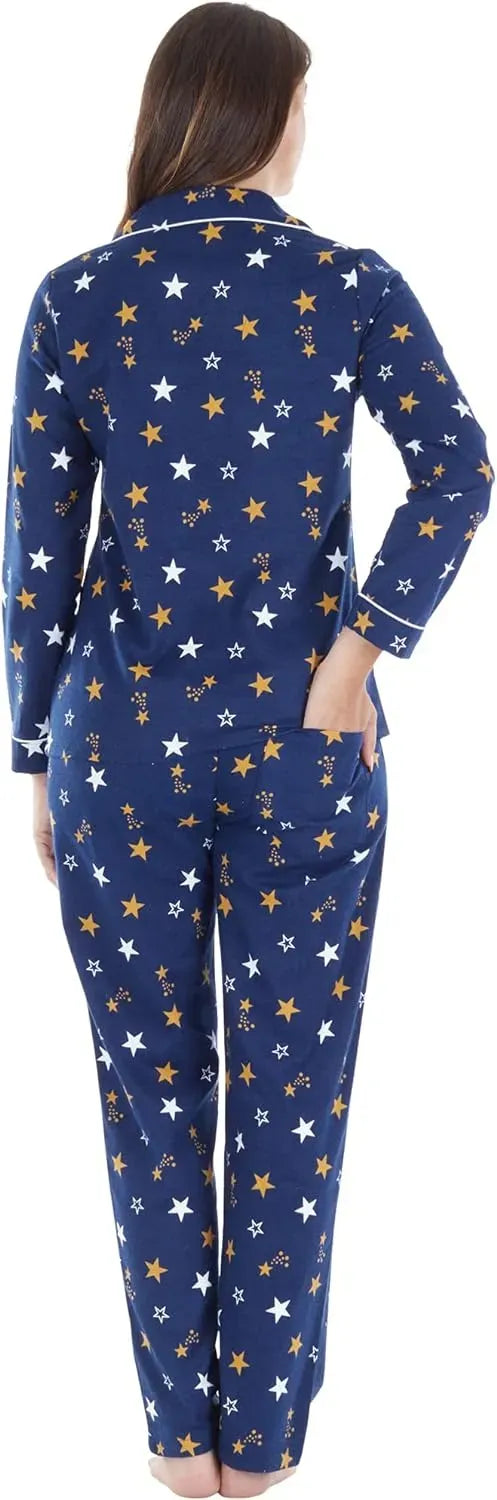 Women's Cotton Flannel Long Sleeve Button-Down Pajamas PJ Set
