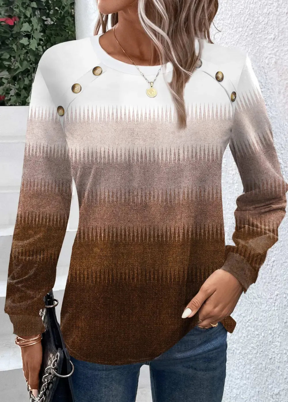 Dark Camel Button Ombre Long Sleeve T Shirt