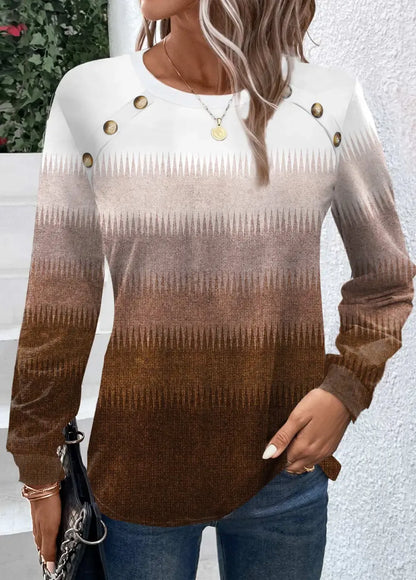 Dark Camel Button Ombre Long Sleeve T Shirt