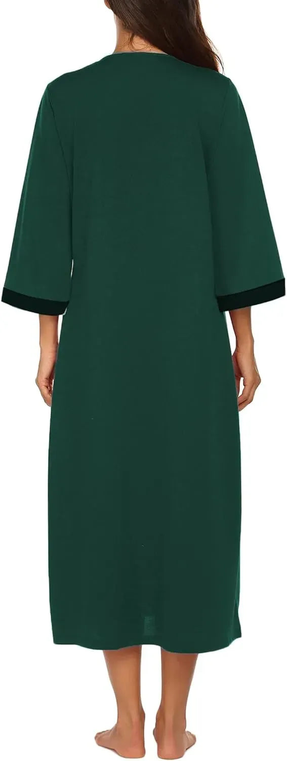 Women Zipper Robe 3/4 Sleeves Loungewear Dress Full Length Sleepwear Pockets Housecoat Nightgown Long Bathrobe