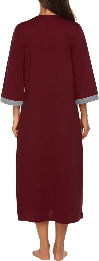Women Zipper Robe 3/4 Sleeves Loungewear Dress Full Length Sleepwear Pockets Housecoat Nightgown Long Bathrobe