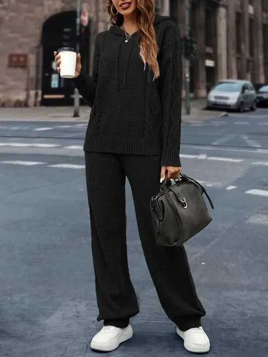 Drop Shoulder Cable Knit Drawstring Hooded Sweater & Knit Pants