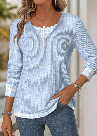 Light Blue Plaid Long Sleeve V Neck T Shirt