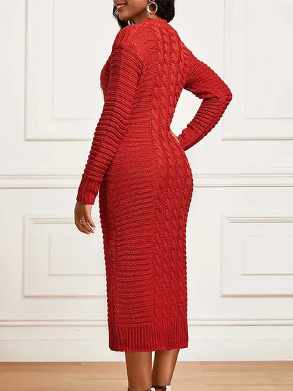 Women's Sweater Dress Crew Neck Ribbed Knit Polyester Knitted Fall Winter Long Outdoor Daily Going out Stylish Casual Soft Long Sleeve Pure Color Black Yellow Wine S M L