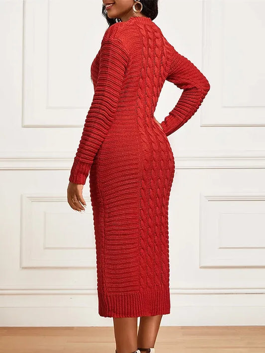 Women's Sweater Dress Crew Neck Ribbed Knit Polyester Knitted Fall Winter Long Outdoor Daily Going out Stylish Casual Soft Long Sleeve Pure Color Black Yellow Wine S M L