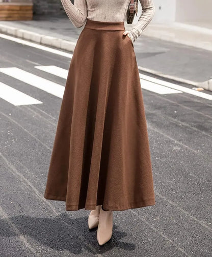 Women's Winter Elegant Warm Long Skirt Wool Maxi Skirts Elastic Waist A-Line High Waist Plaid Pleated Skirt S-3XL