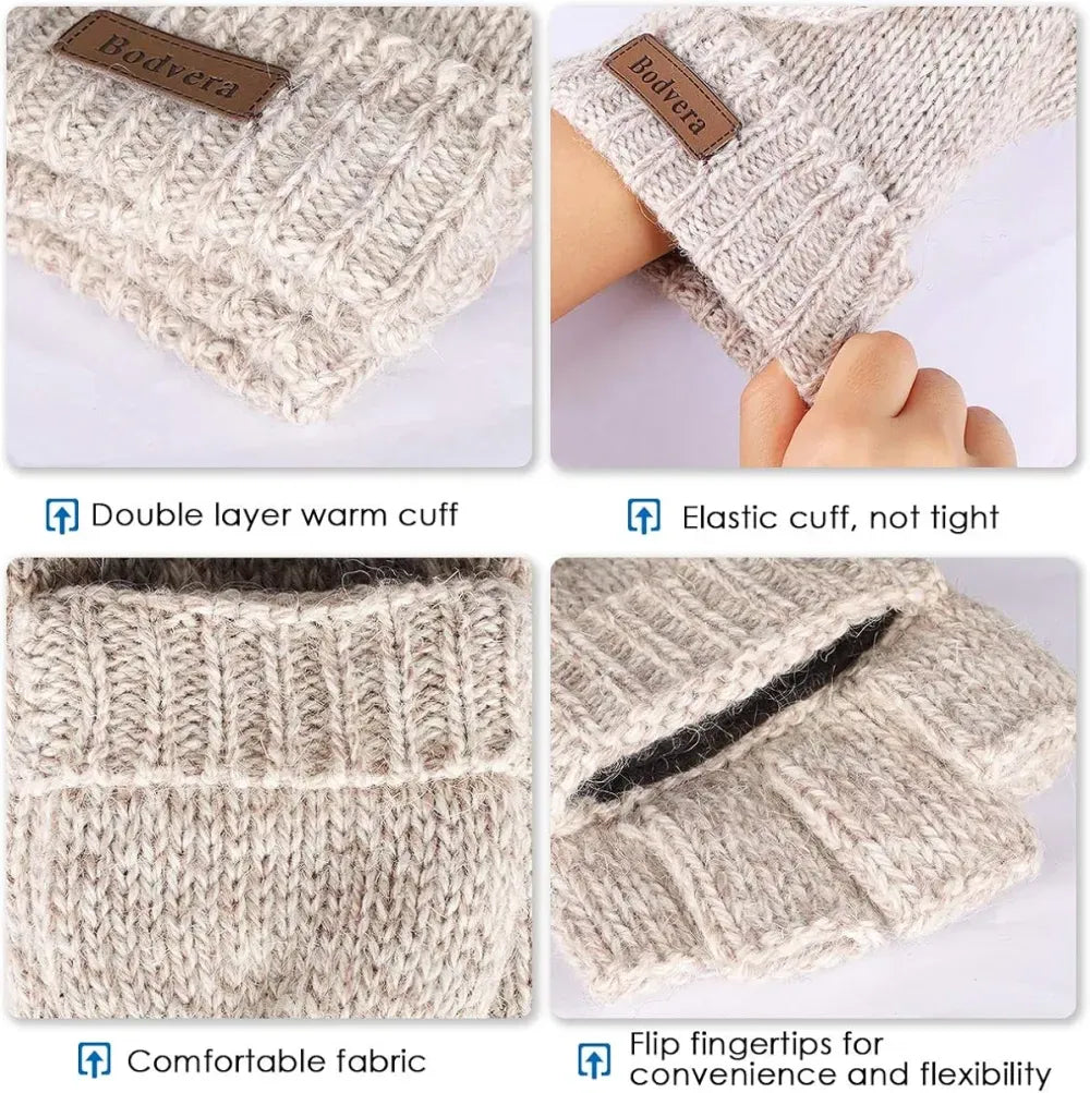 Bodvera Thermal Insulation Fingerless Texting Wool Gloves for Women and Men Winter Warm Knitted Convertible Mittens Flap