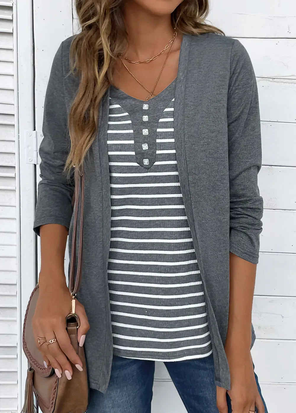 Dark Grey Marl Fake 2in1 Striped T Shirt