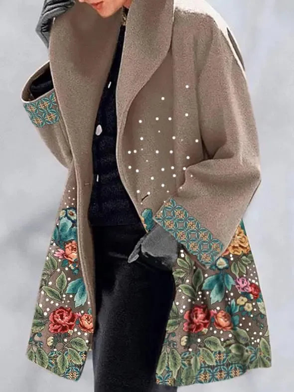 Round neck loose print hooded wool coat