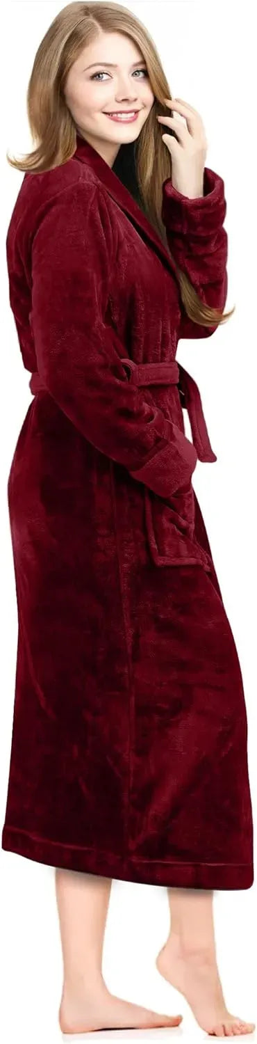 Women Fleece Shawl Collar Bathrobe - Plush Long Robe