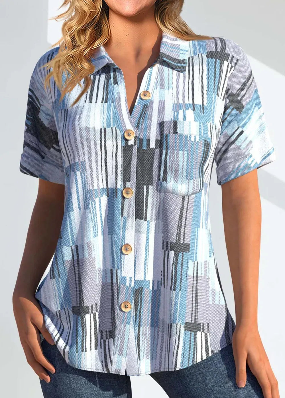 Denim Blue Pocket Short Sleeve Shirt Collar Blouse