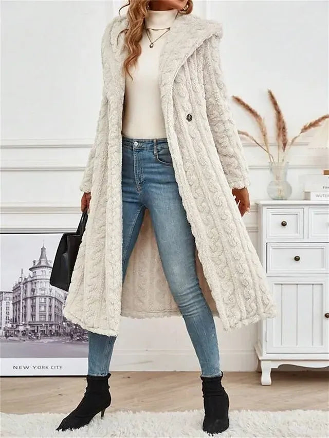Women's Winter Coat Teddy Coat Coat Windproof Warm Outdoor Street Daily Wear Going out Button Fleece Lined Double Breasted Hoodie Fashion Plush Casual Minimalism Solid Color Regular Fit Outerwear