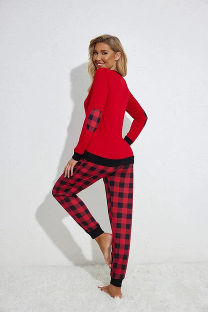 Women's Pajamas Sets Long Sleeve with Plaid Pants Soft Sleepwear O Neck 2 Piece Pjs Joggers Loung Set with Pockets