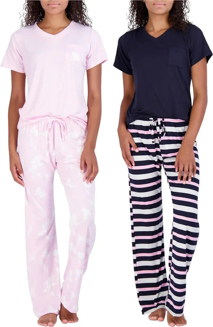 Real Essentials 2 Pack: Women’s Pajama Set Super-Soft Short & Long Sleeve Top With Pants (Available In Plus Size)