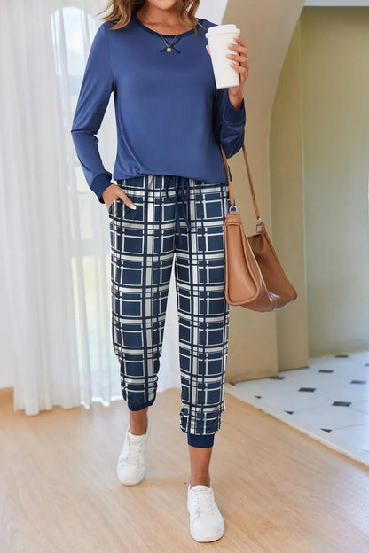Women's Pajamas Sets Long Sleeve with Plaid Pants Soft Sleepwear O Neck 2 Piece Pjs Joggers Loung Set with Pockets