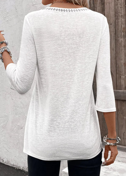 White Patchwork Floral Print 3/4 Sleeve Split Neck Blouse