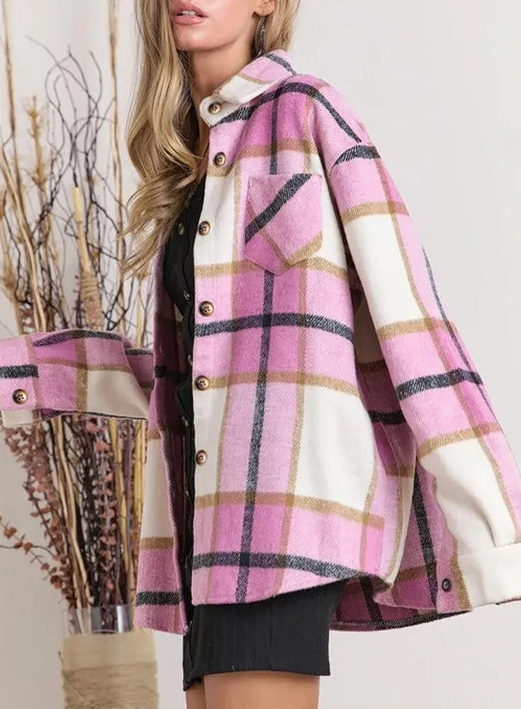 Womens Casual Plaid Shackets Brushed Flannel Button Down Shirt Jacket Coats with Side Pockets