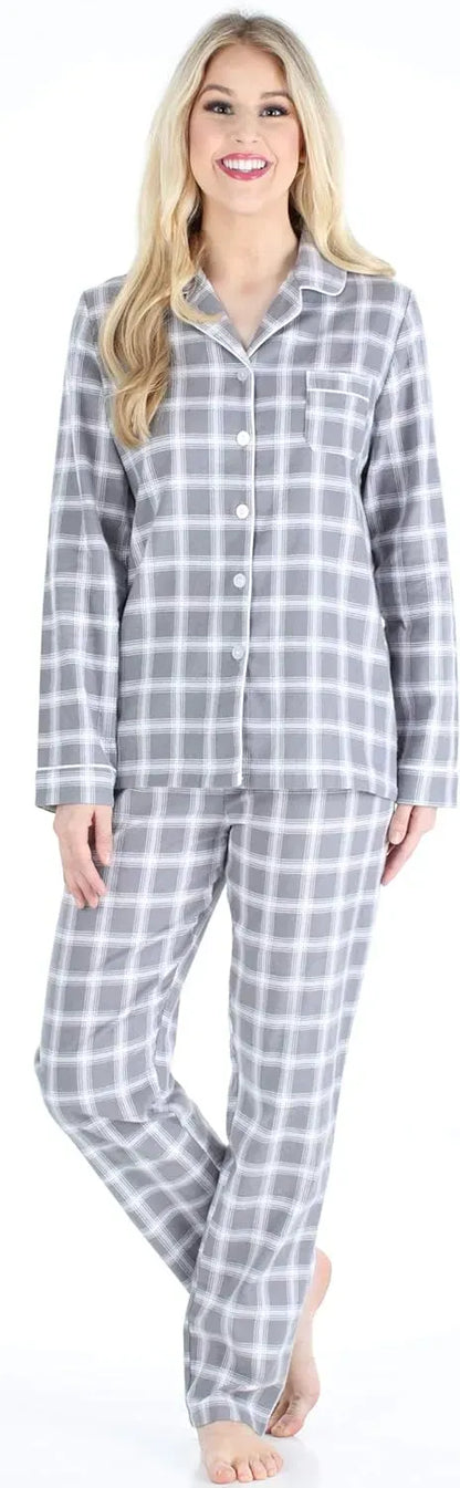 Women's Cotton Flannel Long Sleeve Button-Down Pajamas PJ Set