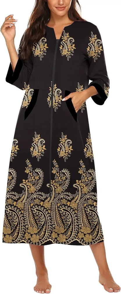 Women Zipper Robe 3/4 Sleeves Loungewear Dress Full Length Sleepwear Pockets Housecoat Nightgown Long Bathrobe