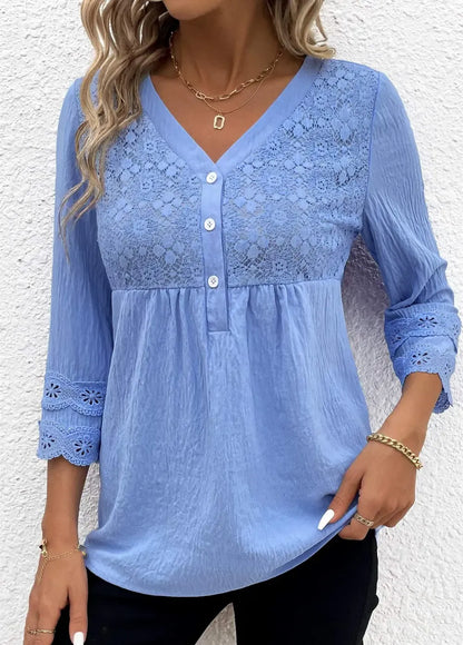 Blue Lace Long Sleeve V Neck Blouse