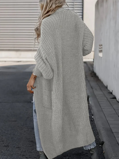 Plus Size Casual Cardigan, Women's Plus Solid Long Sleeve Open Front Cardigan With Pockets