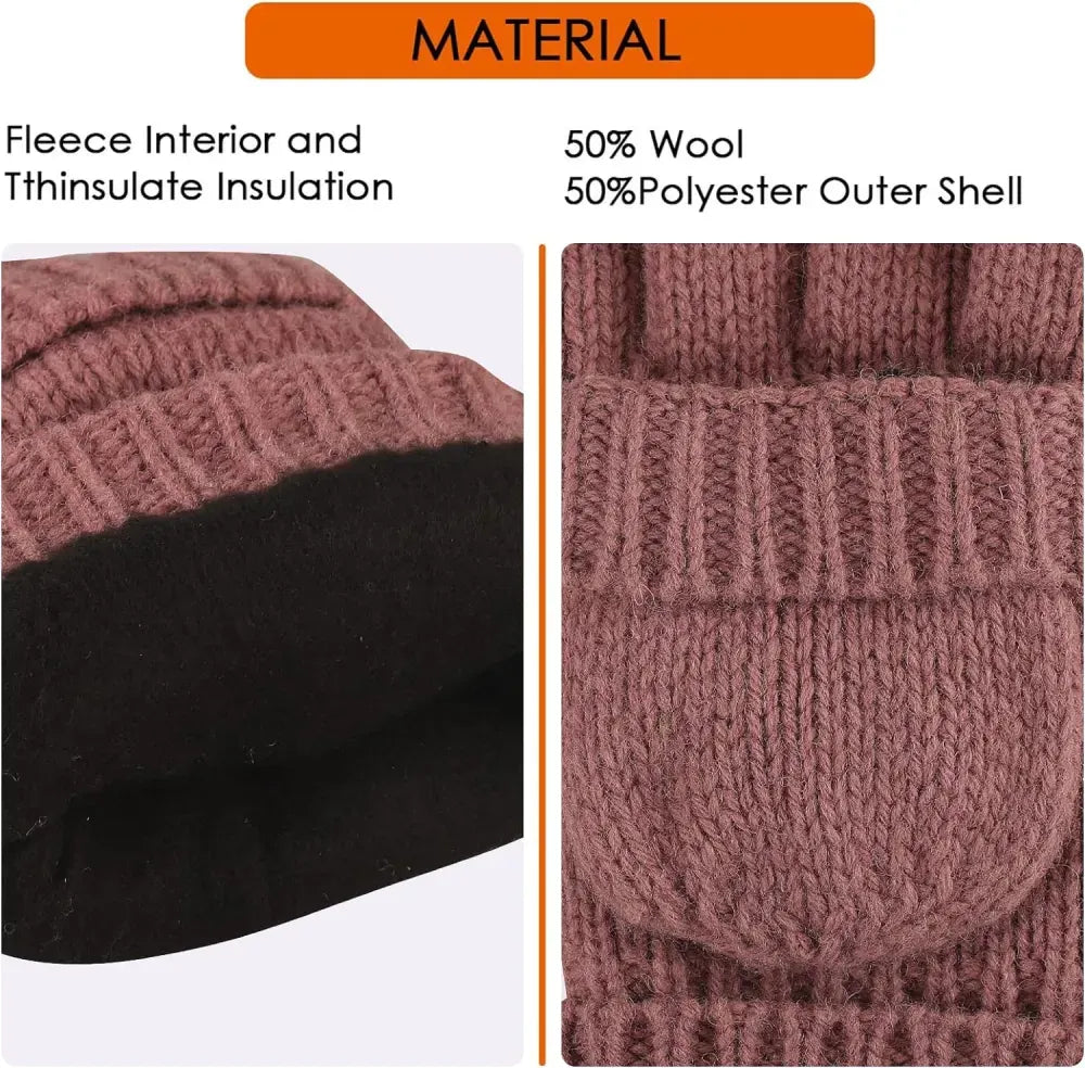 Bodvera Thermal Insulation Fingerless Texting Wool Gloves for Women and Men Winter Warm Knitted Convertible Mittens Flap