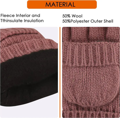 Bodvera Thermal Insulation Fingerless Texting Wool Gloves for Women and Men Winter Warm Knitted Convertible Mittens Flap