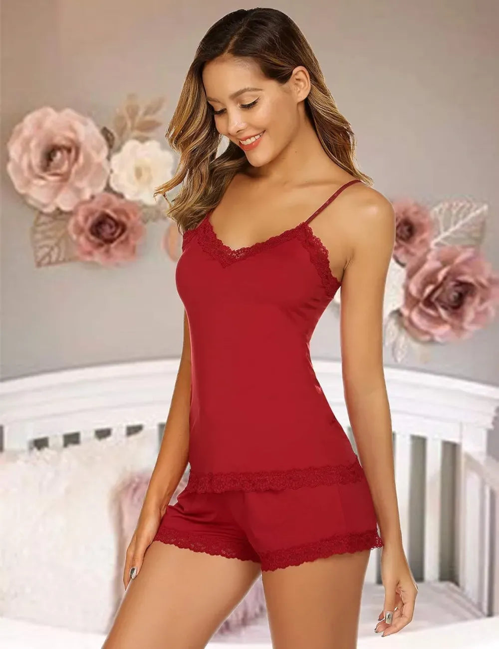 Women Cami Pajama Set Modal Sleepwear Lace Trim Short PJ Set with Shorts
