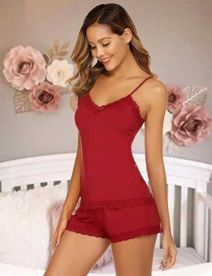 Women Cami Pajama Set Modal Sleepwear Lace Trim Short PJ Set with Shorts