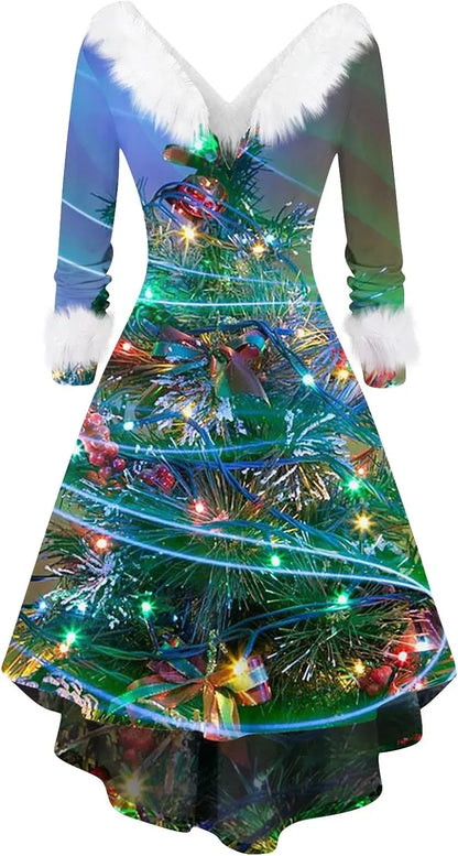 Womens Christmas Dress Fuzzy Mrs Claus Christmas Holiday Xmas Cocktail Holiday Party Flare Dress