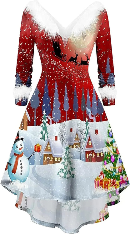 Womens Christmas Dress Fuzzy Mrs Claus Christmas Holiday Xmas Cocktail Holiday Party Flare Dress
