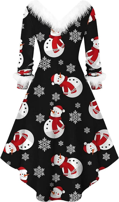 Womens Christmas Dress Fuzzy Mrs Claus Christmas Holiday Xmas Cocktail Holiday Party Flare Dress