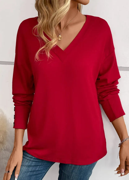 Wine Red Button Long Sleeve V Neck T Shirt