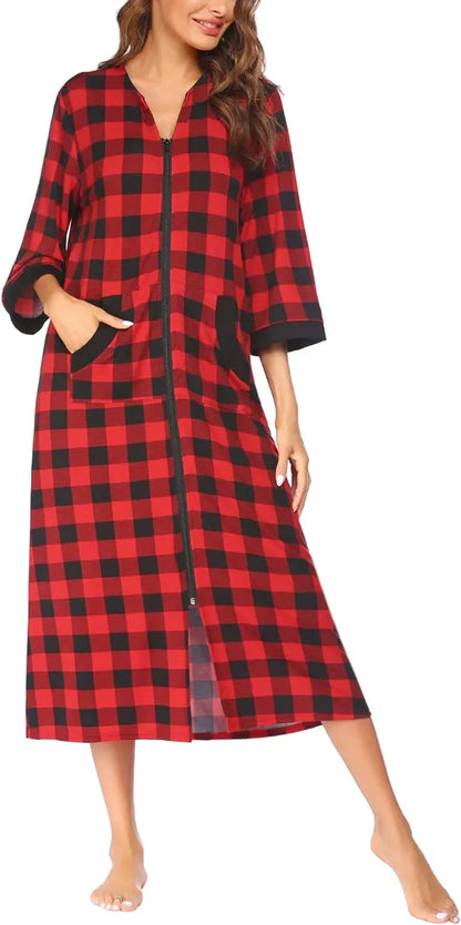 Women Zipper Robe 3/4 Sleeves Loungewear Dress Full Length Sleepwear Pockets Housecoat Nightgown Long Bathrobe