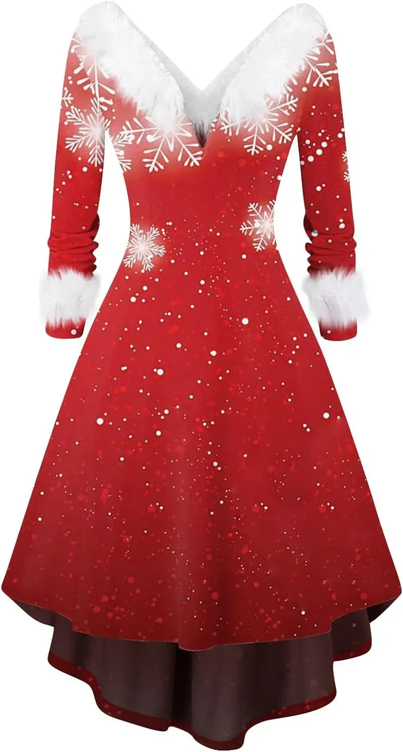 Womens Christmas Dress Fuzzy Mrs Claus Christmas Holiday Xmas Cocktail Holiday Party Flare Dress
