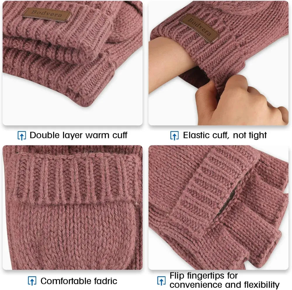 Bodvera Thermal Insulation Fingerless Texting Wool Gloves for Women and Men Winter Warm Knitted Convertible Mittens Flap