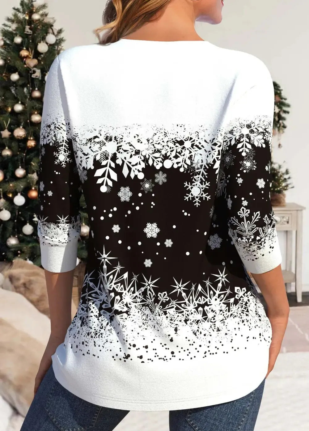 White Snowflake Print Long Sleeve V Neck T Shirt