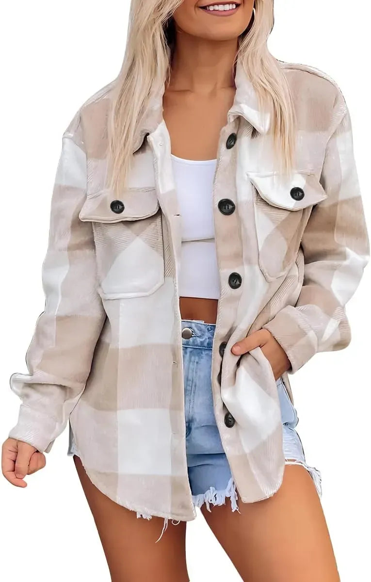 Womens Casual Plaid Shacket Button Down Long Sleeve Shirt