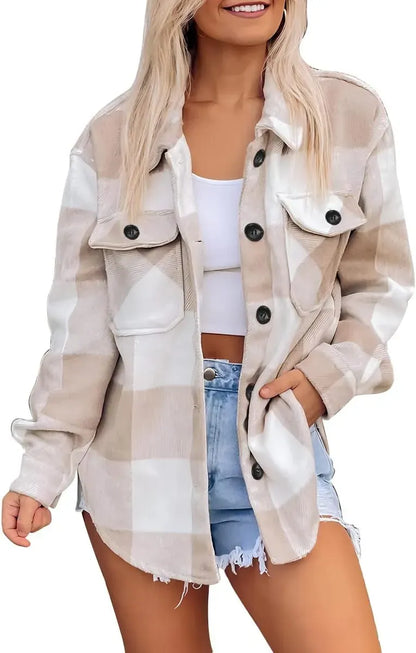 Womens Casual Plaid Shacket Button Down Long Sleeve Shirt