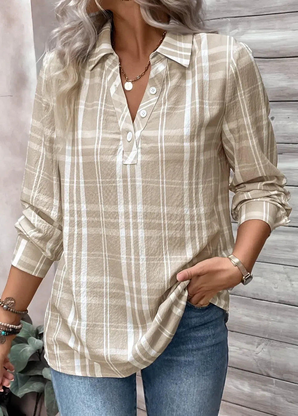 Light Coffee Button Plaid Long Sleeve Shirt Collar Blouse