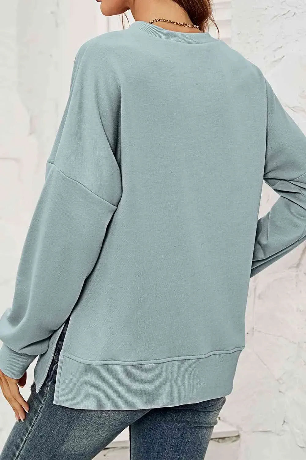 Round Neck  Dropped Shoulder Slit Sweatshirt AC