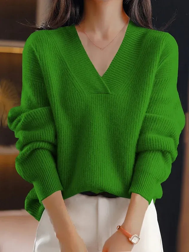 Women‘s Christmas Pullover Sweater Jumper Casual Sweater V Neck Ribbed Knit Polyester Knitted Fall Winter Regular Outdoor Xmas Holiday Going out Stylish Soft Long Sleeve Pure Color Red Green S M L