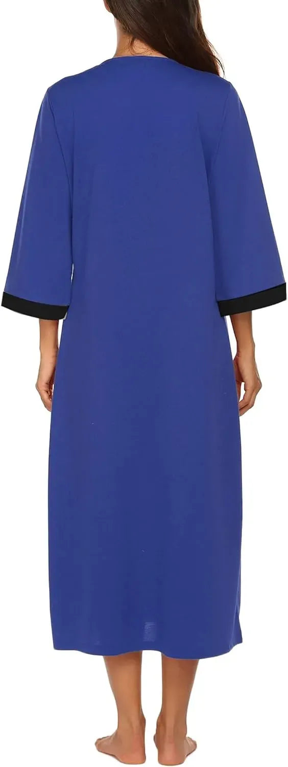 Women Zipper Robe 3/4 Sleeves Loungewear Dress Full Length Sleepwear Pockets Housecoat Nightgown Long Bathrobe